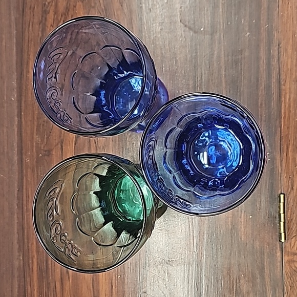 3 colored Coca Cola coke glasses 2 blue 1 green raised logo - Picture 5 of 9